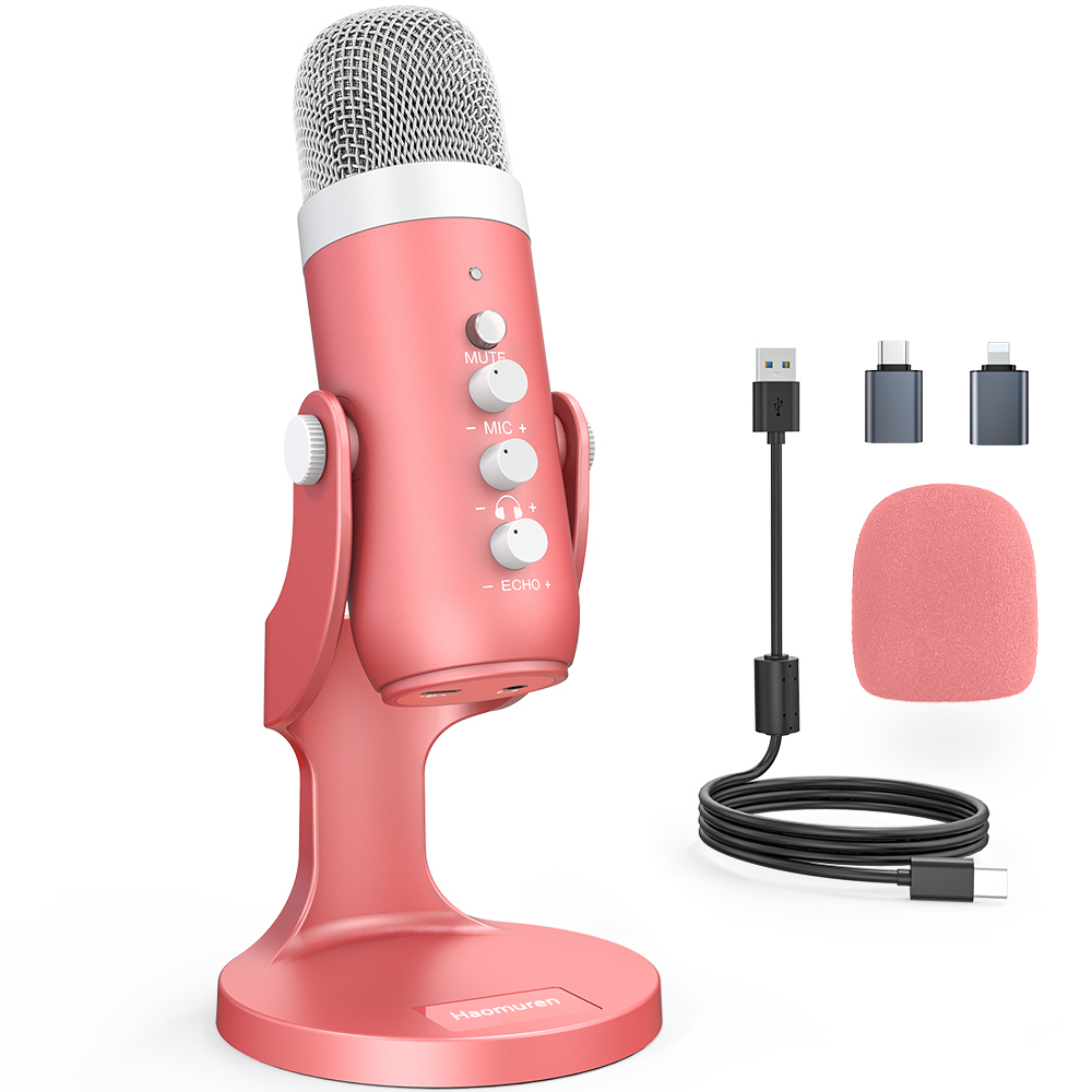 Streaming Mic Condenser - Haomuren mikrofon pojemnościowy USB różowy mikrofon